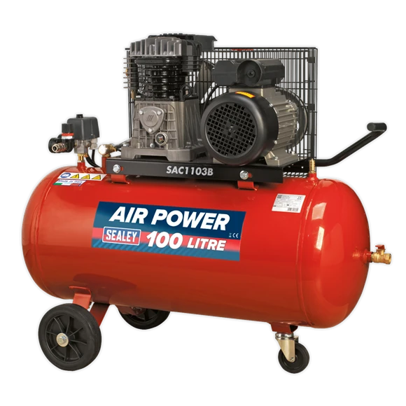 Sealey SAC1103B 100L Belt Drive Air Compressor 3hp With Cast Cylinders & Wheels100L Belt Drive Air Compressor 3hp With Cast Cylinders & Wheels 3 Sealey SAC1103B 100L Belt Drive Air Compressor 3hp With Cast Cylinders & Wheels100L Belt Drive Air Compressor 3hp With Cast Cylinders & Wheels